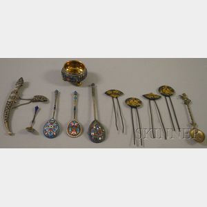 Group of Enameled Silver and Four Asian Hair Pins