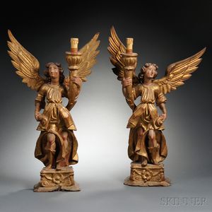 Pair of Spanish Colonial Carved, Painted, and Gilded Wood Angel-form Candlesticks