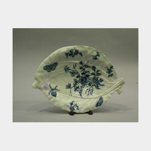 French Blue and White Floral Decorated Leaf Molded Porcelain Dish.