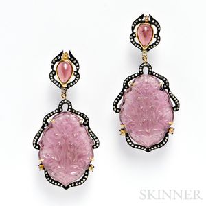 Carved Pink Tourmaline and Diamond Earpendants