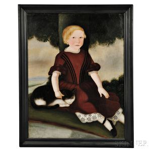 Attributed to Susan Catherine Moore Waters (New York/New Jersey, 1823-1900),Portrait of a Blond Child in a Dark Red Dress with a Cat,