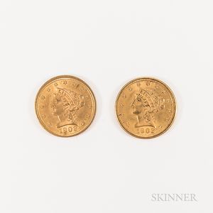 Two 1902 $2.50 Liberty Head Gold Quarter Eagle