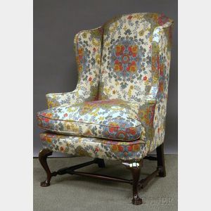 Queen Anne-style Upholstered Mahogany Wing Chair.