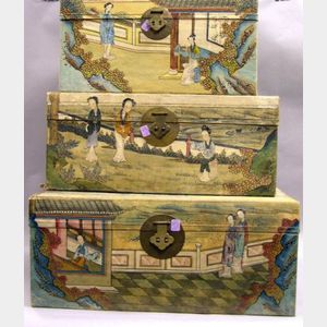 Three Graduated Chinese Export Scenic Painted Pigskin-clad Storage Trunks.