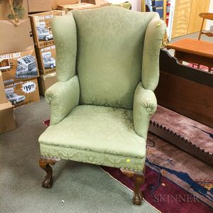 Chippendale-style Upholstered Mahogany Wing Chair