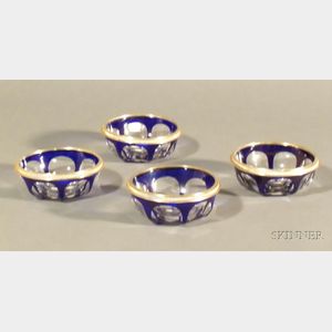 Set of French Silver Rimmed Blue Flashed and Colorless Glass Dessert Bowls
