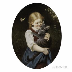 KPM Oval Porcelain Plaque of a Girl with a Cat