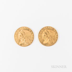 Two 1908 $2.50 Indian Head Gold Quarter Eagles