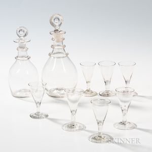 Two Blown Glass Decanters with Applied Ring Decoration and Seven Blown Wines
