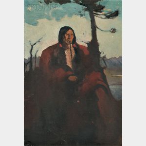 American School, 20th Century Portrait of a Plains Native American with a Pipe