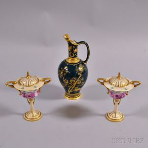 Pair of Mintons Porcelain Covered Cups and a Royal Crown Derby Gilt Ewer