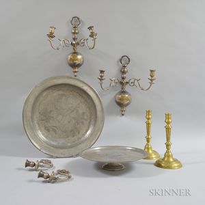 Pewter Charger, Pewter Tazza, a Pair of Brass Engraved Candlesticks, and a Pair of Silver-plated Wall Sconces