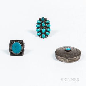 Two Navajo Silver and Turquoise Rings and Silver Pillbox