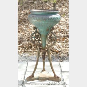 Green Painted Aesthetic Cast Iron Urn on Stand