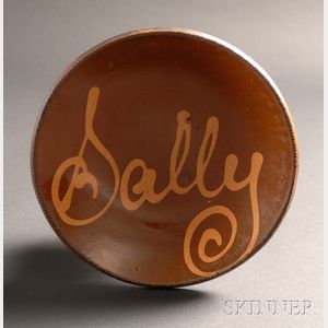 Redware Plate with Yellow Slip Inscription "Sally,"