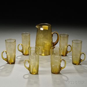 Threaded and Engraved Pitcher and Six Glasses