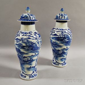 Pair of Blue and White Ceramic Baluster-form Covered Vases