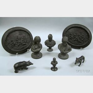 Six Black Basalt Items and a Pair of Black-painted Plaster Plaques
