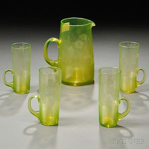 Threaded and Engraved Pitcher and Four Glasses
