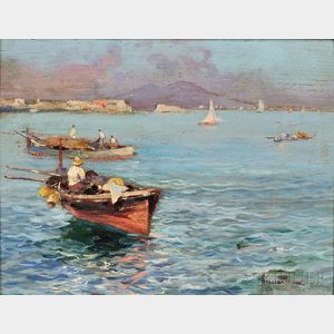 Oscar Ricciardi (Italian, 1864-1935) Italian Coastal View with Fishing Boats