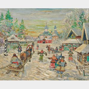 Attributed to Konstantin Alexseyevitch Korovin (Russian, 1861-1939) Festive Village Scene in Snow