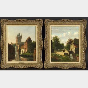 Continental School, 19th Century Lot of Two Views: Village Life