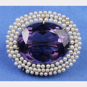Antique 14kt Gold, Amethyst, and Seed Pearl Brooch