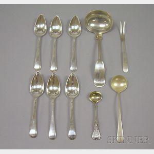 Set of Six Sheffield Silver Plated Grapefruit Spoons and Four Serving Items