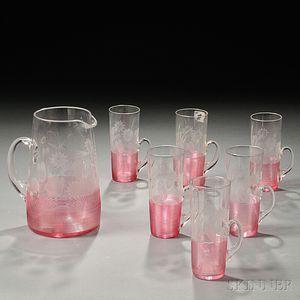 Group of Pink Threaded and Engraved Glass Objects