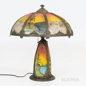Bronzed Metal Overlay and Reverse-painted Glass Table Lamp