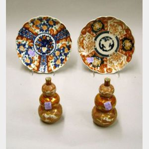 Pair of Japanese Kutani Porcelain Triple Gourd-form Vases and Two Imari Plates