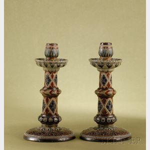 Pair of Large Doulton Lambeth Salt-glaze Candlesticks
