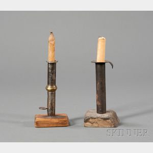 Two Make-Do Iron Hogscraper Candlesticks