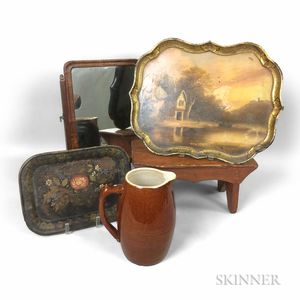 Cricket Stool, Shaving Mirror, Two Paint-decorated Trays, and a Pitcher. 