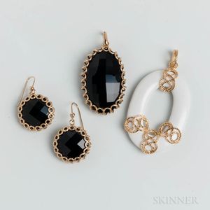 14kt Gold-mounted White Hardstone Pendant and a 14kt Gold and Onyx Pendant and Earring Set