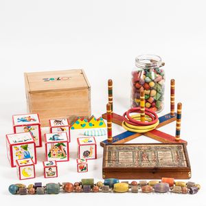 Group of Painted and Lithographed Wood Toys, Games, and Blocks. 
