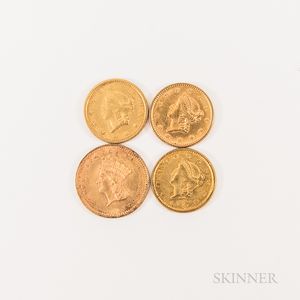 Four Gold Dollars, 1850, 1851, 1853, and 1862