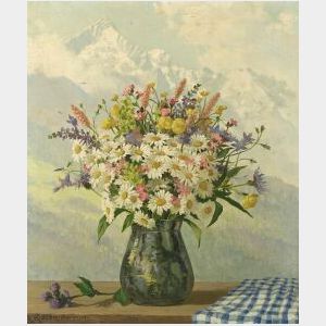 German School, 20th Century Still Life with Daisies Before a Mountain Terrain