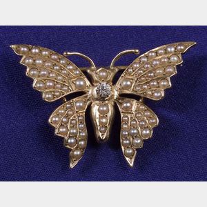 Edwardian 14kt Gold, Seed Pearl and Diamond Butterfly Pin