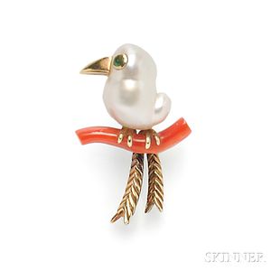 14kt Gold, Baroque Pearl, and Coral Brooch, Trio