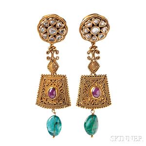 18kt Gold, Emerald, and Diamond Earrings