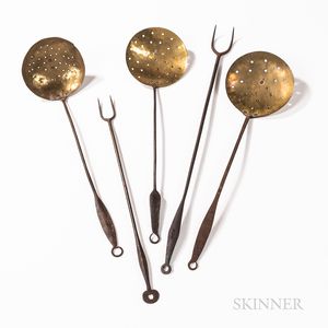Five Wrought Iron and Brass Hearth Tools