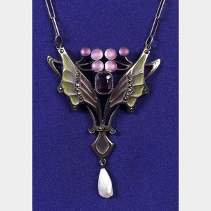 Art Nouveau Silver, Amethyst, and Plique-a-jour Enamel Pendant Necklace