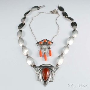 Two Art Deco Sterling Silver and Hardstone Necklaces