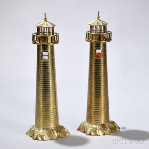 Pair of Cast Brass Lighthouse-form Lamps