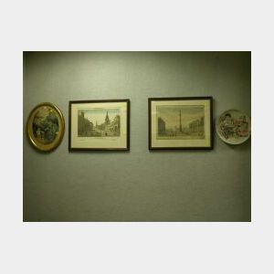 Three Framed Prints and a Painted Papier-Mache Plaque.