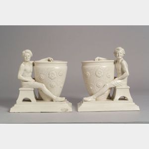 Pair of George Tinworth Design White Glazed Figural Vases