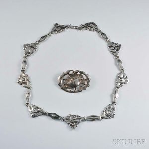 Peer Smed Chased Sterling Silver Floral Necklace and Brooch