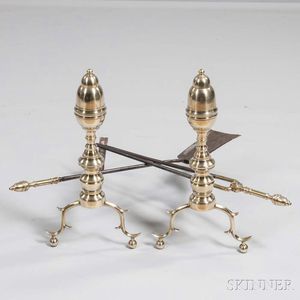 Pair of Brass and Iron Acorn-top Andirons with Matching Tools