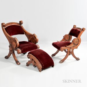 Two Renaissance Revival Walnut Chairs and a Footstool